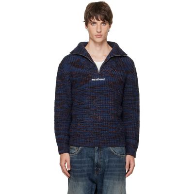 We11done We11done Navy Chunky Embroidered Quarter-Zip Sweater