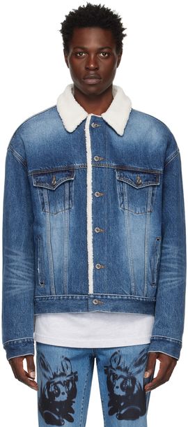We11done We11done Navy Oversized Faux-Shearling Denim Jacket