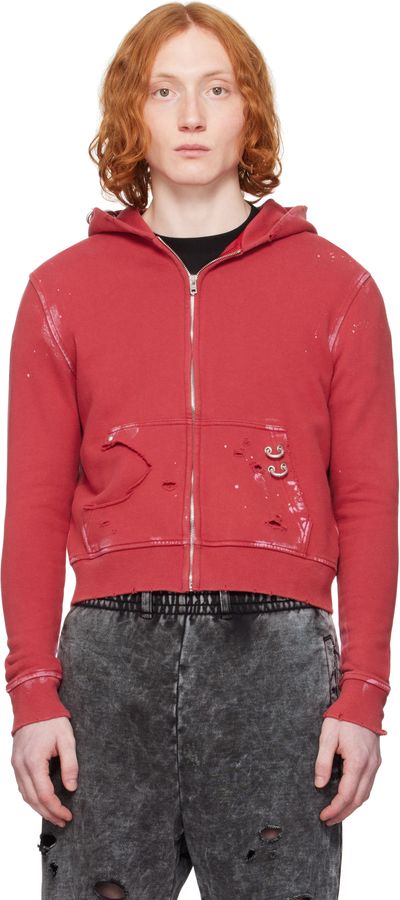 We11done We11done Red Pierced Zip-Up Hoodie