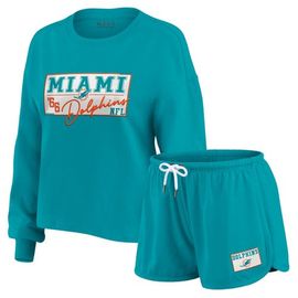 WEAR by Erin Andrews Women's WEAR by Erin Andrews Aqua Miami Dolphins Heavy Rugby Jersey Long Sleeve T-Shirt & Shorts Lounge Set 