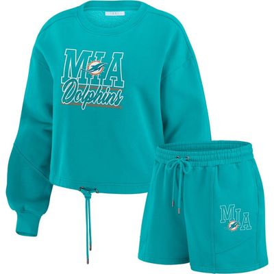 WEAR by Erin Andrews Women's WEAR by Erin Andrews Aqua Miami Dolphins Washed Fleece Long Sleeve T-Shirt & Shorts Lounge Set 