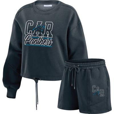 WEAR by Erin Andrews Women's WEAR by Erin Andrews Black Carolina Panthers Washed Fleece Long Sleeve T-Shirt & Shorts Lounge Set 
