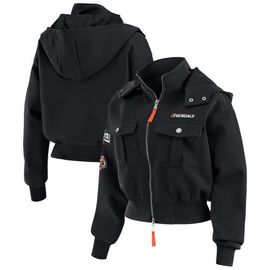 WEAR by Erin Andrews Women's WEAR by Erin Andrews Black Cincinnati Bengals Patch Pocket Cropped Full-Zip Bomber Jacket 
