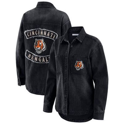 WEAR by Erin Andrews Women's WEAR by Erin Andrews Black Cincinnati Bengals Washed Oversized Denim Full-Snap Shacket 