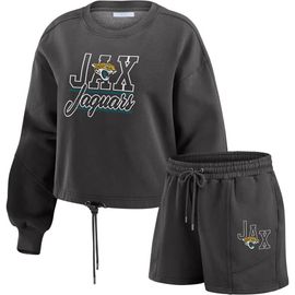 WEAR by Erin Andrews Women's WEAR by Erin Andrews Black Jacksonville Jaguars Washed Fleece Long Sleeve T-Shirt & Shorts Lounge Set 
