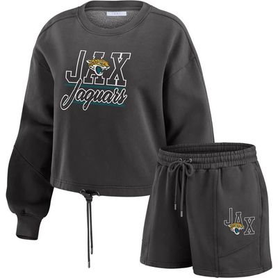 WEAR by Erin Andrews Women's WEAR by Erin Andrews Black Jacksonville Jaguars Washed Fleece Long Sleeve T-Shirt & Shorts Lounge Set 