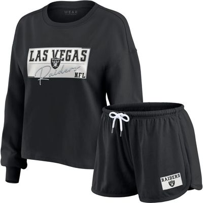 WEAR by Erin Andrews Women's WEAR by Erin Andrews Black Las Vegas Raiders Heavy Rugby Jersey Long Sleeve T-Shirt & Shorts Lounge Set 