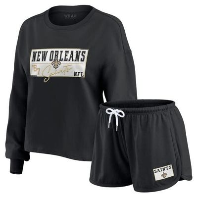 WEAR by Erin Andrews Women's WEAR by Erin Andrews Black New Orleans Saints Heavy Rugby Jersey Long Sleeve T-Shirt & Shorts Lounge Set 