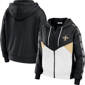 WEAR by Erin Andrews Women's WEAR by Erin Andrews Black/White New Orleans Saints Color Block Light Weight Modest Crop Full-Zip Hoodie 
