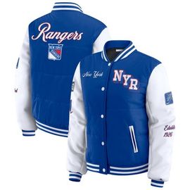 WEAR by Erin Andrews Women's WEAR by Erin Andrews Blue/White New York Rangers Varsity Full-Snap Puffer Jacket 