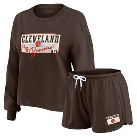 WEAR by Erin Andrews Women's WEAR by Erin Andrews Brown Cleveland Browns Heavy Rugby Jersey Long Sleeve T-Shirt & Shorts Lounge Set 