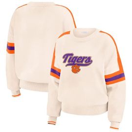 WEAR by Erin Andrews Women's WEAR by Erin Andrews Cream Clemson Tigers Chenille Woven Patch Stripe Pullover Sweater 