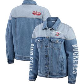 WEAR by Erin Andrews Women's WEAR by Erin Andrews Denim Ohio State Buckeyes Sleeve Hit Colorblock Button-Down Denim Jacket 