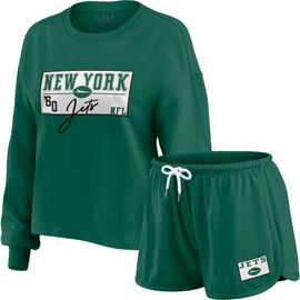 WEAR by Erin Andrews Women's WEAR by Erin Andrews Green New York Jets Heavy Rugby Jersey Long Sleeve T-Shirt & Shorts Lounge Set 
