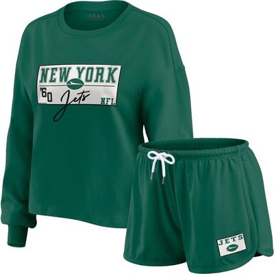 WEAR by Erin Andrews Women's WEAR by Erin Andrews Green New York Jets Heavy Rugby Jersey Long Sleeve T-Shirt & Shorts Lounge Set 