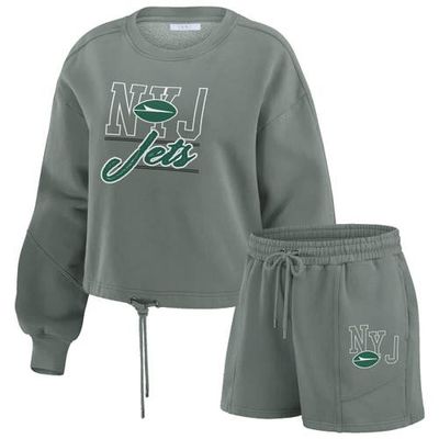 WEAR by Erin Andrews Women's WEAR by Erin Andrews Green New York Jets Washed Fleece Long Sleeve T-Shirt & Shorts Lounge Set 