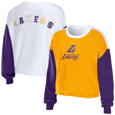 WEAR by Erin Andrews Women's WEAR by Erin Andrews Heather Gold Los Angeles Lakers Mixed Letter Cropped Pullover Sweatshirt 