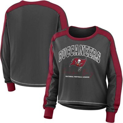 WEAR by Erin Andrews Women's WEAR by Erin Andrews Pewter/Red Tampa Bay Buccaneers Color Block Modest Crop Long Sleeve T-Shirt 