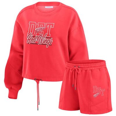 WEAR by Erin Andrews Women's WEAR by Erin Andrews Red Detroit Red Wings Washed Fleece Sweatshirt & Shorts Lounge Set 
