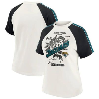 WEAR by Erin Andrews Women's WEAR by Erin Andrews White Jacksonville Jaguars Sleeve Stripe Distressed Raglan T-Shirt 
