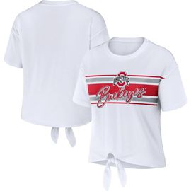 WEAR by Erin Andrews Women's WEAR by Erin Andrews White Ohio State Buckeyes Striped Front Knot Cropped T-Shirt 