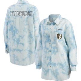 WEAR by Erin Andrews Women's WEAR by Erin Andrews White Pittsburgh Penguins Oversized Tie-Dye Button-Up Denim Shirt 