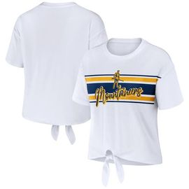 WEAR by Erin Andrews Women's WEAR by Erin Andrews White West Virginia Mountaineers Striped Front Knot Cropped T-Shirt 