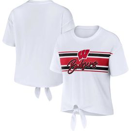 WEAR by Erin Andrews Women's WEAR by Erin Andrews White Wisconsin Badgers Striped Front Knot Cropped T-Shirt 