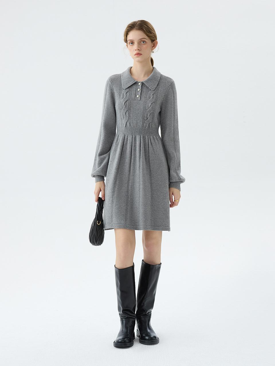 We’Dee Button Collar Knitted Winter Dress [Gray]