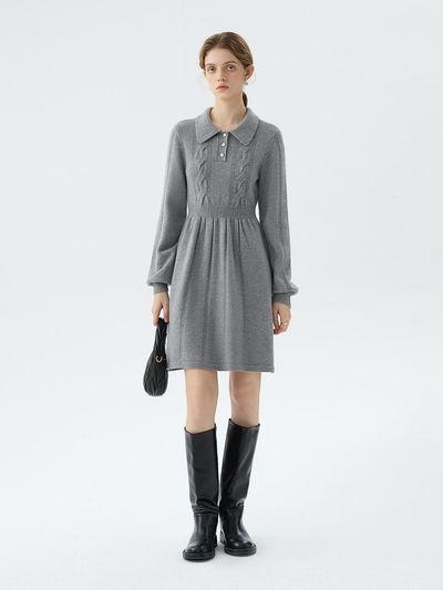 We’Dee Button Collar Knitted Winter Dress [Gray]