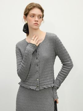 We’Dee Frill Round Neck Cotton Blend Cardigan [Gray]