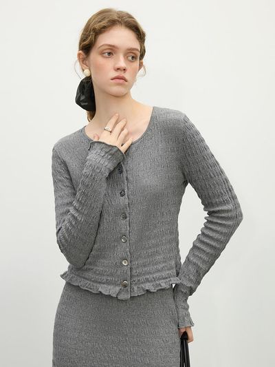 We’Dee Frill Round Neck Cotton Blend Cardigan [Gray]