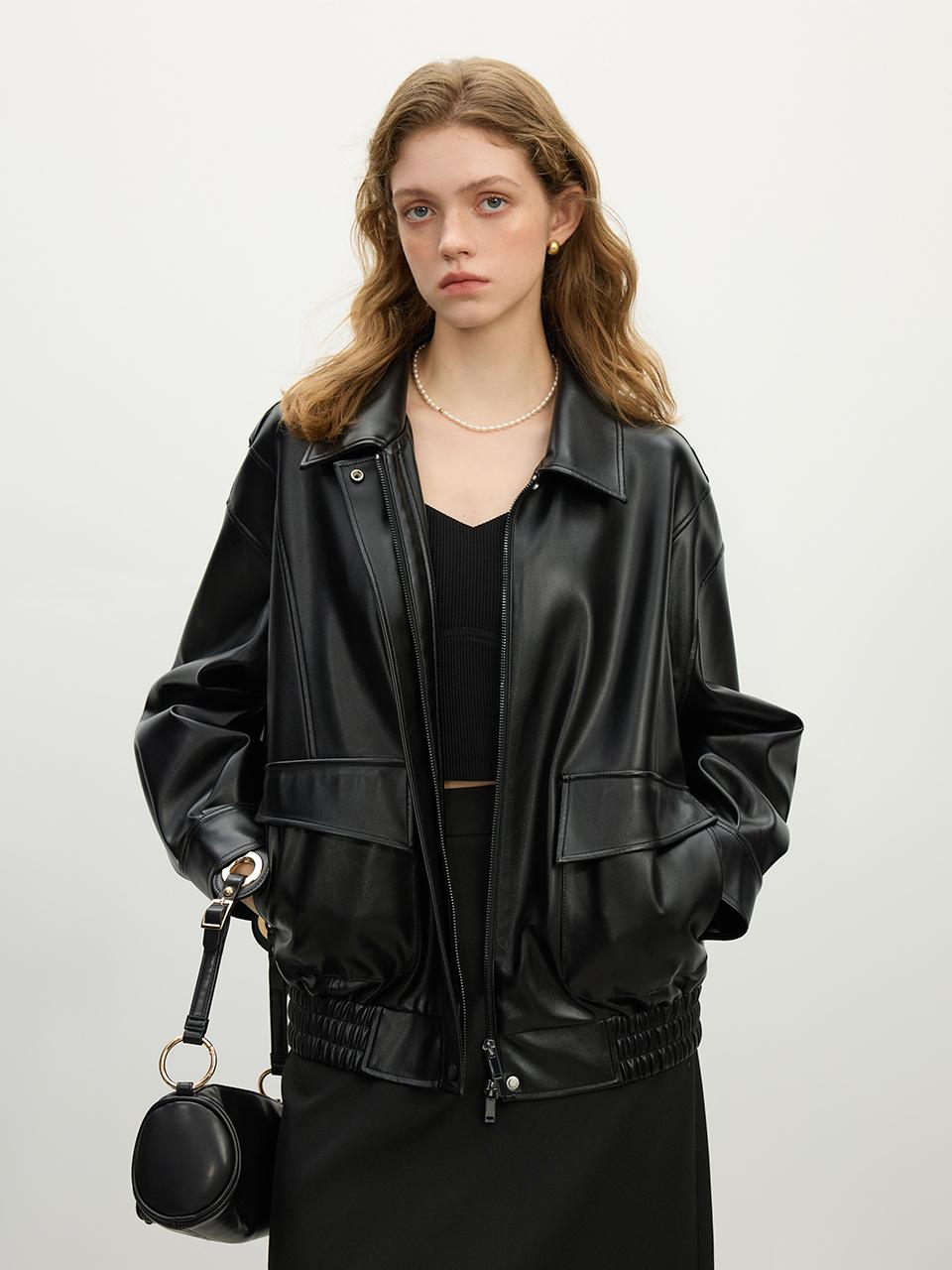 We’Dee Loose Lightweight Classic Leather Jacket [Black]