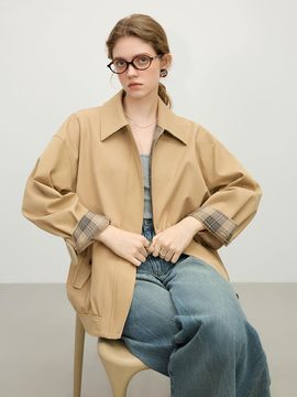 We’Dee Plaid Cuffs Cotton-Polyester Lightweight Jacket [Beige]