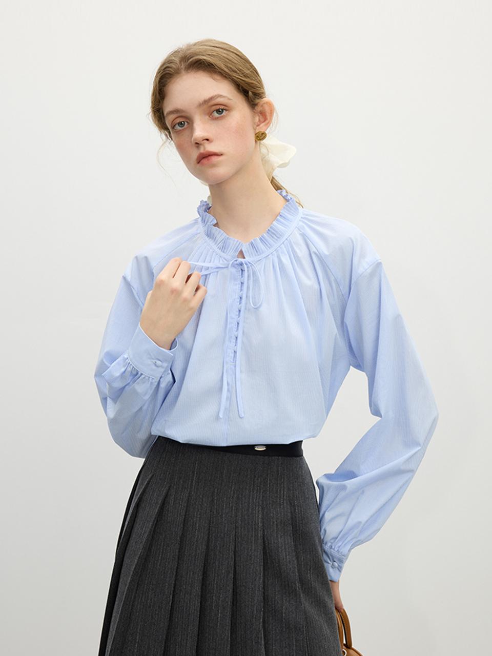 We’Dee Pleated Frill Collar Cotton Blouse [Blue]