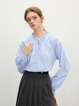 We’Dee Pleated Frill Collar Cotton Blouse [Blue]