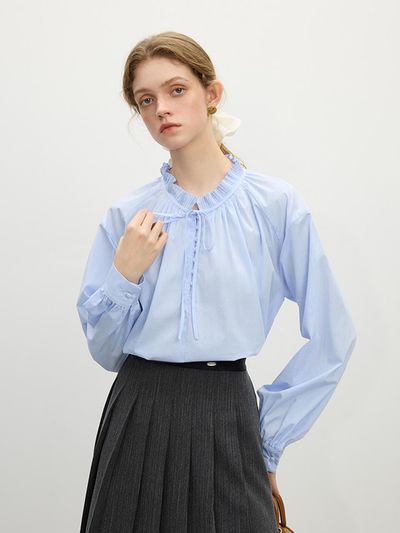 We’Dee Pleated Frill Collar Cotton Blouse [Blue]