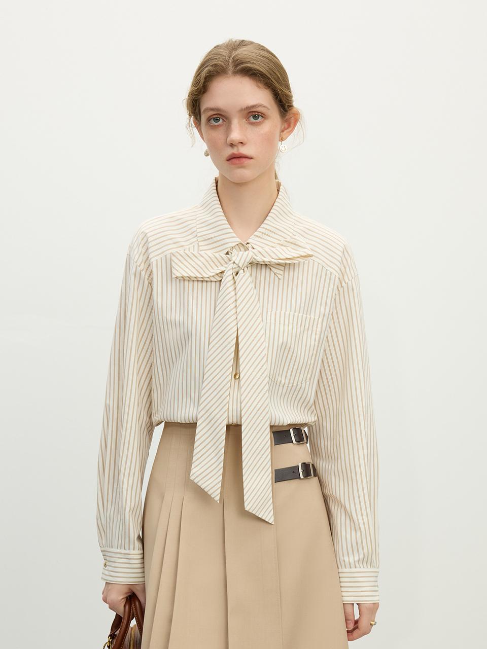 We’Dee Ribbon Striped Detachable Cotton Blend Shirt
