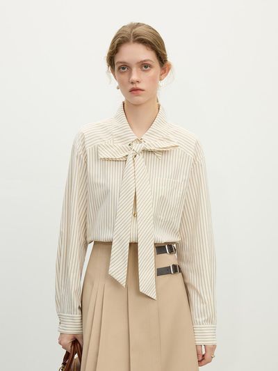 We’Dee Ribbon Striped Detachable Cotton Blend Shirt