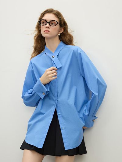 We’Dee Tie Collar Cotton Minimalist Shirt [Beige/Blue]