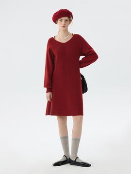 We’Dee V-neck Wool Blend Knitted Dress [Red]