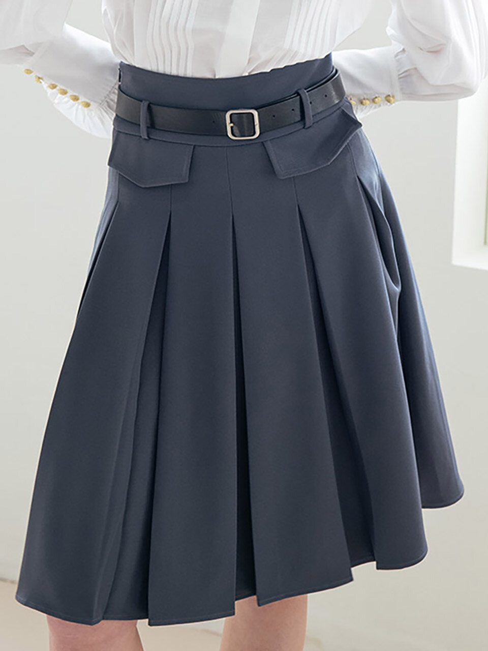 We’Dee WED_High-Waist Pleated Skirt [GRAY]
