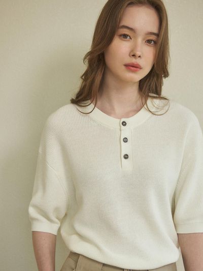 WEDNESDAYOASIS FOR WOMEN Cool Washable Henley Neck Half Knit Top (5 color)