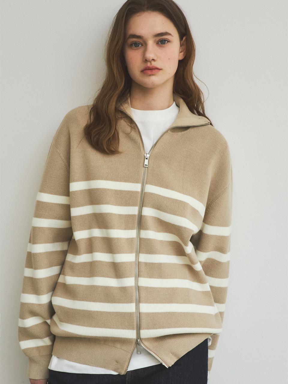 WEDNESDAYOASIS FOR WOMEN High Neck Stripe Knit Zip-Up Cardigan (WC25-KN06)