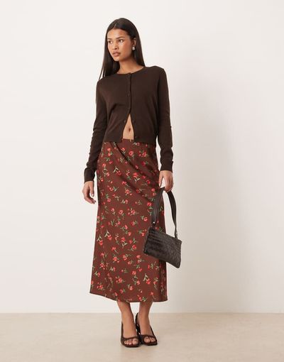 Wednesday's Girl Wednesday's Girl bias cut midaxi skirt in brown floral print