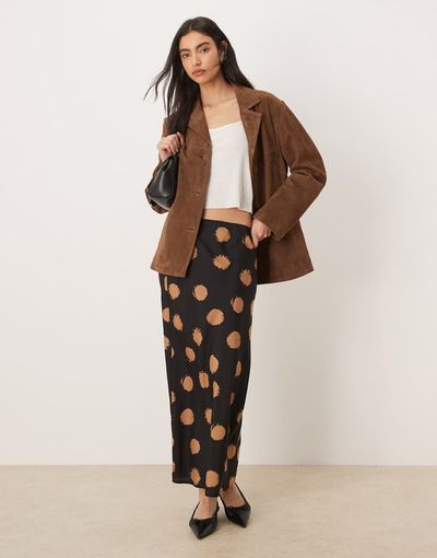 Wednesday's Girl Wednesday's Girl bias cut midaxi skirt in brown polka dots