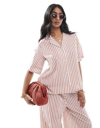Wednesday's Girl Wednesday's Girl button through linen boxy striped shirt in tan - part of a set-Brown