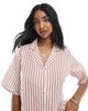 Wednesday's Girl Wednesday's Girl button through linen boxy striped shirt in tan - part of a set-Brown - 4