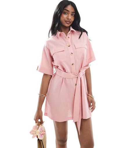 Wednesday's Girl Wednesday's Girl button through mini shirt dress in dusty pink