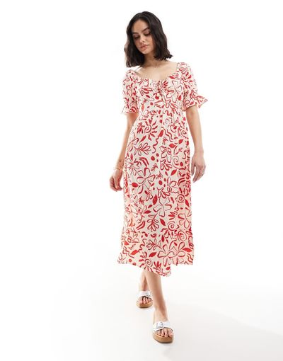 Wednesday's Girl Wednesday's Girl ditsy print milkmaid puff sleeve midi dress in red and cream